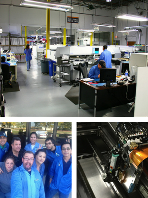 images of staff, machinery, and assembly floor