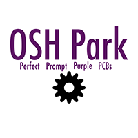 OSH park logo, purple text, black cog